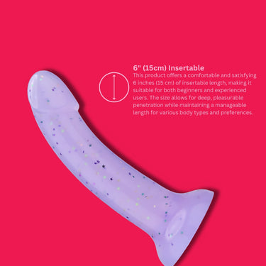 Elegant depiction of a purple silicone dildo, emphasising its comfortable 6 inch insertion length suitable for both beginners and experienced users.